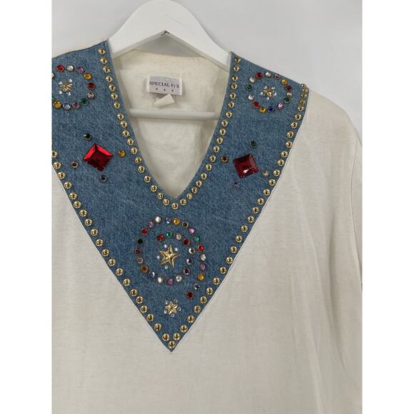 Special F/X Vintage Blouse Womens XL White Denim Beaded Neckline V Neck Studded - Picture 2 of 16
